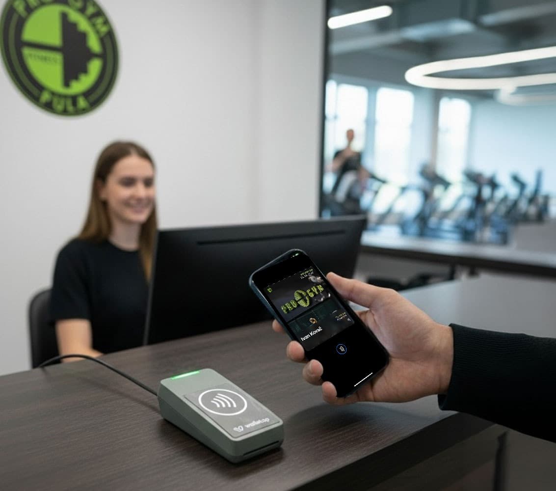Ruka člana drži telefon sa zelenom Pro-Gym iskaznicom u walletu pokraj Walletap NFC čitača na pultu recepcije. Iza pulta sjedi nasmiješena djelatnica, na zidu je logo Pro-Gym Pula, a kroz staklo se vide trake za trčanje.