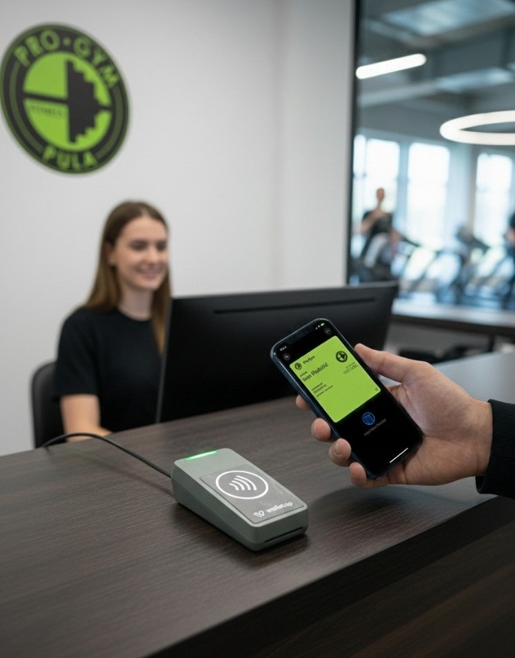 A Pro-Gym Pula member tapping their phone on the NFC reader at the front desk